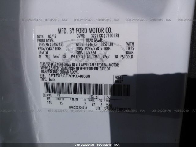 1FTFX1CF3CKD48069 - 2012 FORD F150 SUPER CAB White photo 9