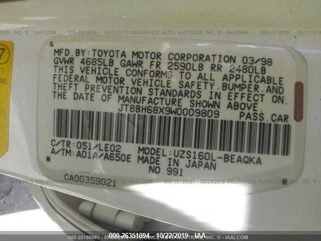 JT8BH68X9W0009809 - 1998 LEXUS GS 400 White photo 9