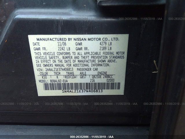 1N4AL21E37N406813 - 2007 NISSAN ALTIMA 2.5/2.5S Black photo 9