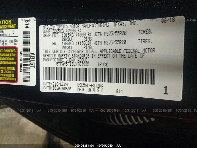 5TFAY5F13JX763925 - 2018 TOYOTA TUNDRA CREWMAX 1794/PLATINUM 黑色 照片 9