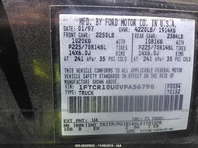 1FTCR10U0VPA56790 - 1997 FORD RANGER  Black photo 9