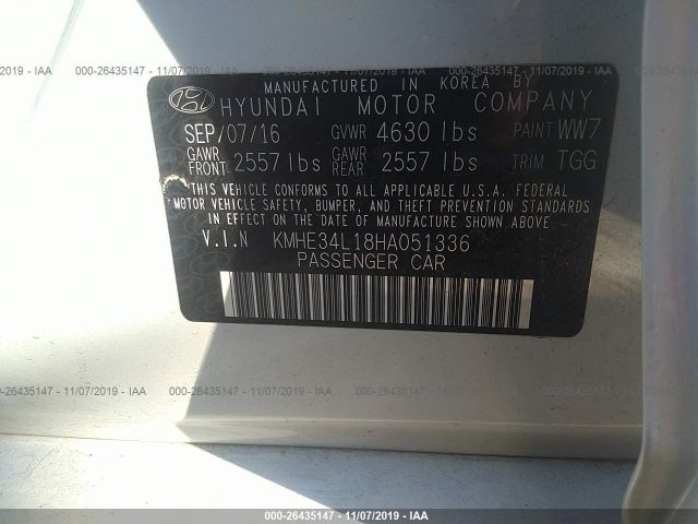 KMHE34L18HA051336 - 2017 HYUNDAI SONATA HYBRID/LIMITED White photo 9