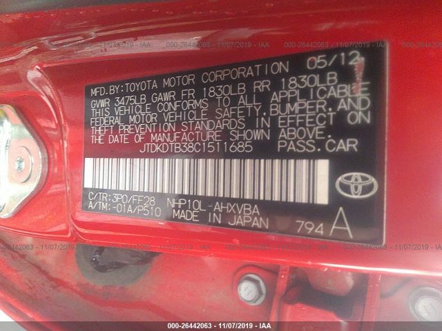 JTDKDTB38C1511685 - 2012 TOYOTA PRIUS C  Red photo 9