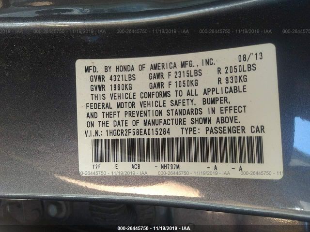 1HGCR2F58EA015284 - 2014 HONDA ACCORD SPORT Gray photo 9