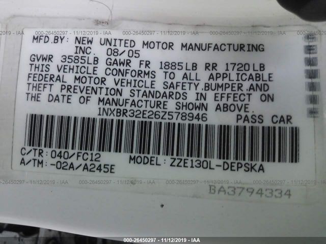 1NXBR32E26Z578946 - 2006 TOYOTA COROLLA CE/LE/S White photo 9