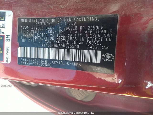 4T1BE46K69U395510 - 2009 TOYOTA CAMRY SE/LE/XLE Red photo 9