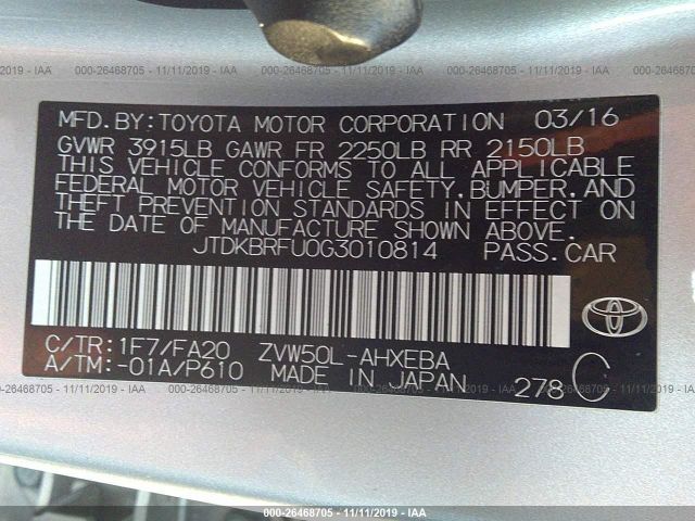 JTDKBRFU0G3010814 - 2016 TOYOTA PRIUS  Silver photo 9