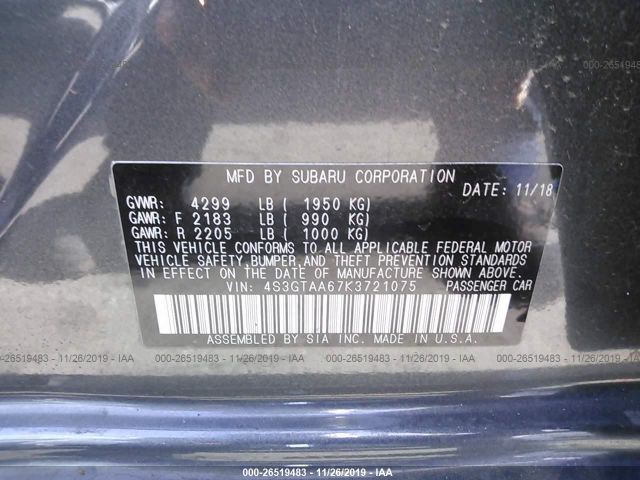 4S3GTAA67K3721075 - 2019 SUBARU IMPREZA  Gray photo 9