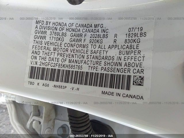 2HGFC2F85KH585765 - 2019 HONDA CIVIC SPORT Weiß Foto 9