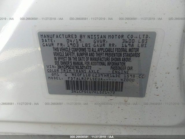 3N1CP5CU7KL521472 - 2019 NISSAN KICKS S/SR/SV White photo 9