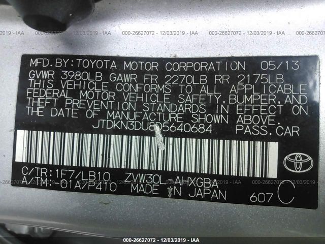 JTDKN3DU8D5640684 - 2013 TOYOTA PRIUS  Silver photo 9