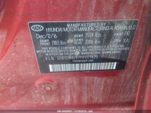 5NPD84LF7HH171425 - 2017 HYUNDAI ELANTRA SE/VALUE/LIMITED Red photo 9