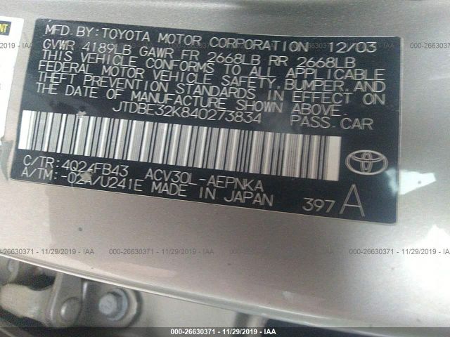 JTDBE32K840273834 - 2004 TOYOTA CAMRY LE/XLE Beige photo 9