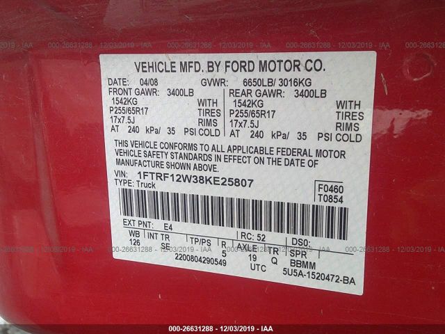 1FTRF12W38KE25807 - 2008 FORD F150  Red photo 9