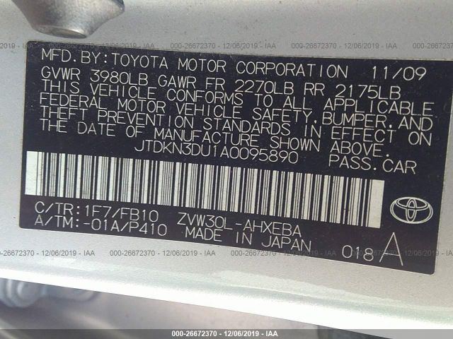 JTDKN3DU1A0095890 - 2010 TOYOTA PRIUS  Gray photo 9