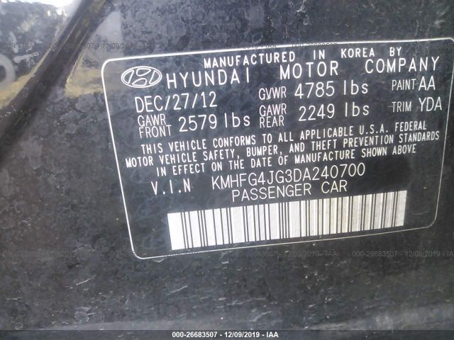 KMHFG4JG3DA240700 - 2013 HYUNDAI AZERA  Black photo 9