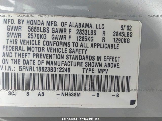 5FNRL18623B012248 - 2003 HONDA ODYSSEY EX Gray photo 9