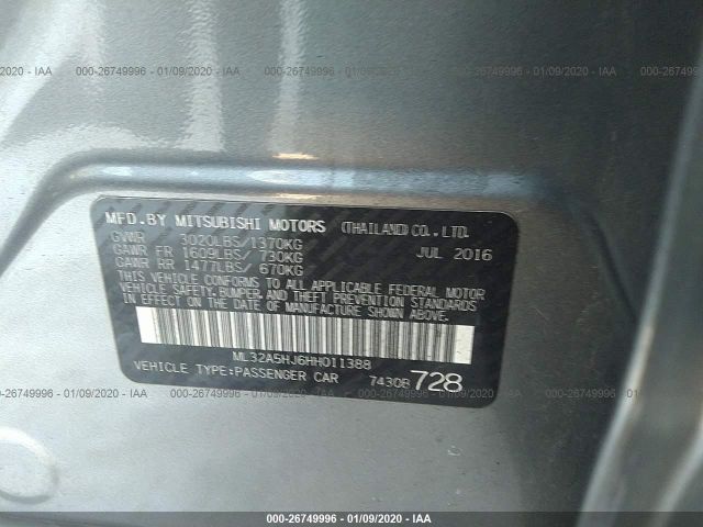 ML32A5HJ6HH011388 - 2017 MITSUBISHI MIRAGE GT Gray photo 9