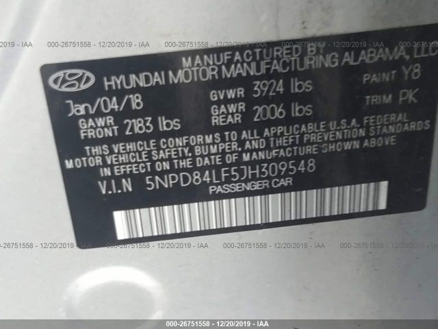 5NPD84LF5JH309548 - 2018 HYUNDAI ELANTRA SEL/VALUE/LIMITED Silver photo 9