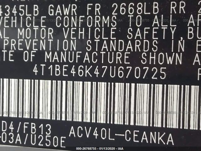 4T1BE46K47U670725 - 2007 TOYOTA CAMRY CE/LE/XLE/SE Silver photo 9