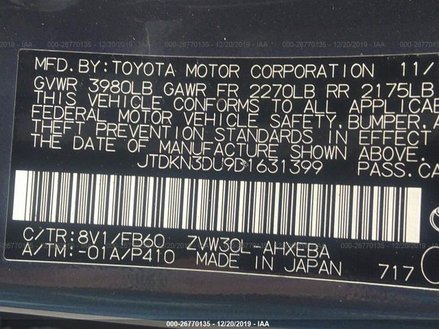 JTDKN3DU9D1631399 - 2013 TOYOTA PRIUS  Gray photo 9