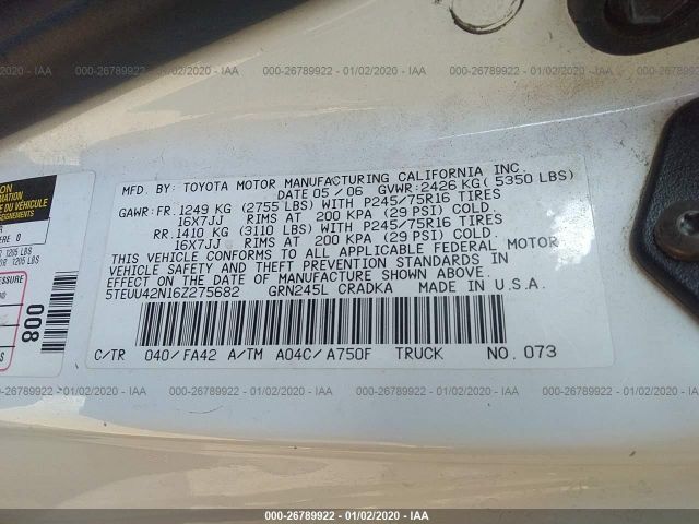 5TEUU42N16Z275682 - 2006 TOYOTA TACOMA ACCESS CAB თეთრი ფოტო 9