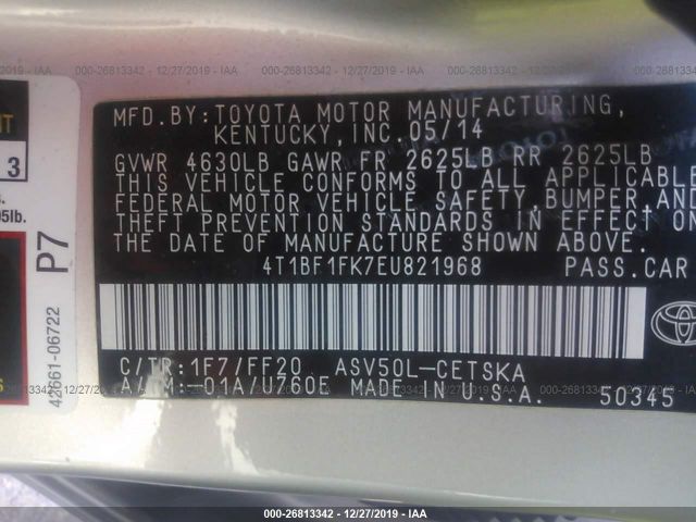 4T1BF1FK7EU821968 - 2014 TOYOTA CAMRY L/SE/LE/XLE 银色 照片 9