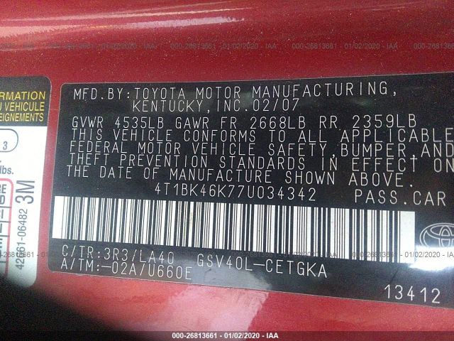 4T1BK46K77U034342 - 2007 TOYOTA CAMRY LE/XLE/SE Red photo 9