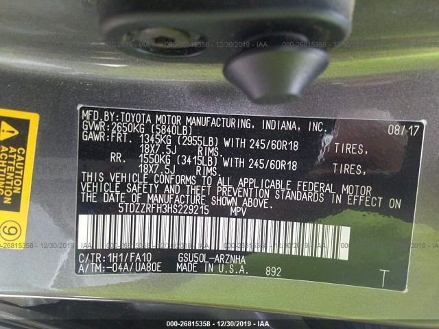 5TDZZRFH3HS229215 - 2017 TOYOTA HIGHLANDER LE/LE PLUS Gray photo 9