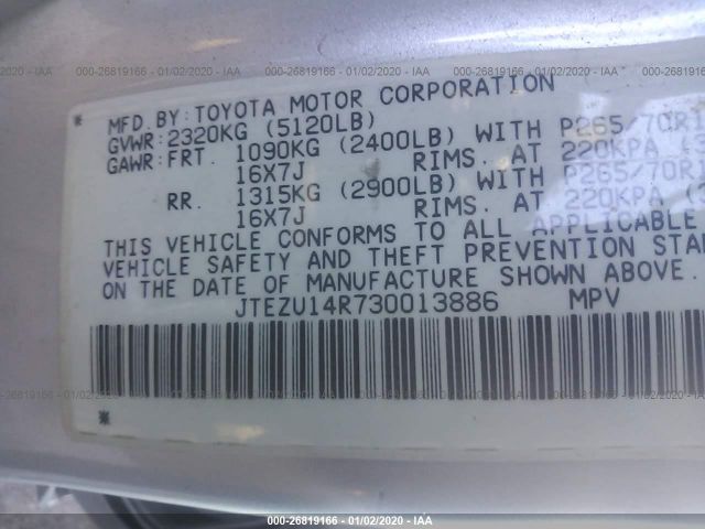 JTEZU14R730013886 - 2003 TOYOTA 4RUNNER SR5/SPORT Silver photo 9