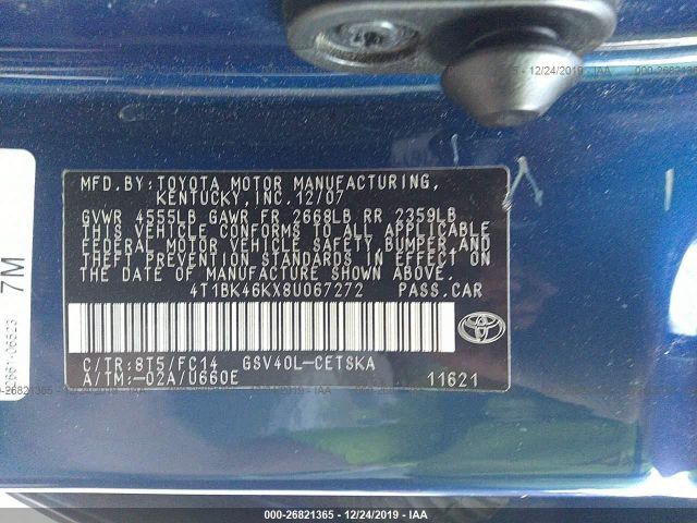 4T1BK46KX8U067272 - 2008 TOYOTA CAMRY LE/XLE/SE Blue photo 9