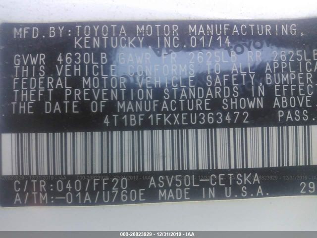 4T1BF1FKXEU363472 - 2014 TOYOTA CAMRY L/SE/LE/XLE 白色 照片 9