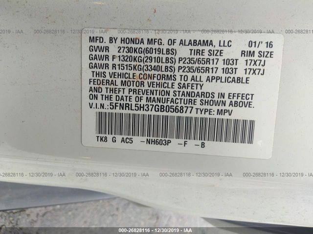 5FNRL5H37GB056877 - 2016 HONDA ODYSSEY SE White photo 9