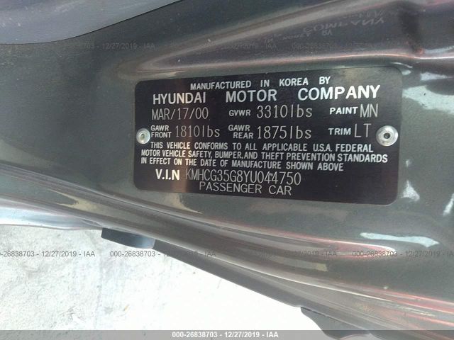 KMHCG35G8YU044750 - 2000 HYUNDAI ACCENT GS Gray photo 9