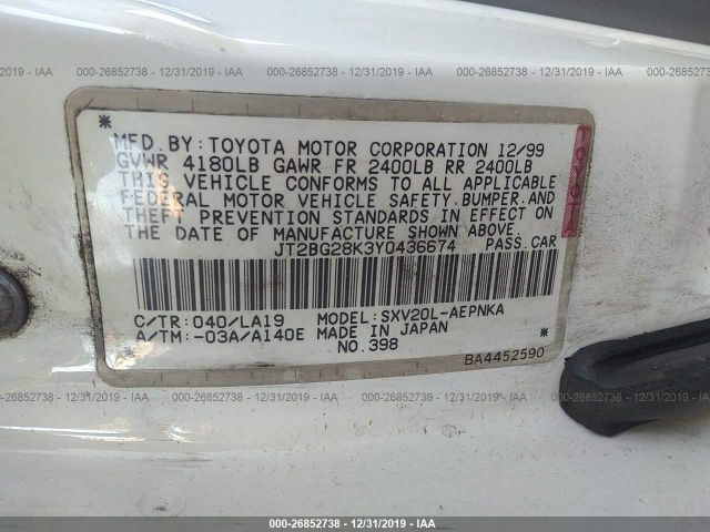 JT2BG28K3Y0436674 - 2000 TOYOTA CAMRY LE/XLE Weiß Foto 9