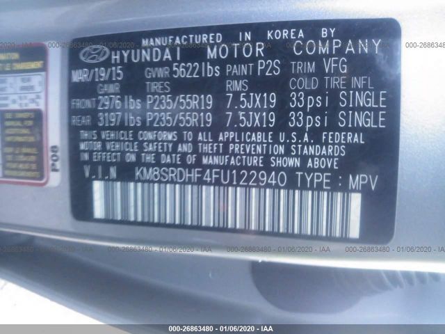 KM8SRDHF4FU122940 - 2015 HYUNDAI SANTA FE GLS/LIMITED Silver photo 9