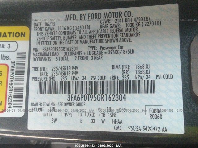 3FA6P0T95GR162304 - 2016 FORD FUSION SE Gray photo 9