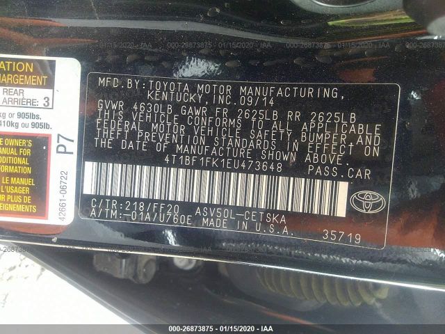 4T1BF1FK1EU473648 - 2014 TOYOTA CAMRY L/SE/LE/XLE 黑色 照片 9