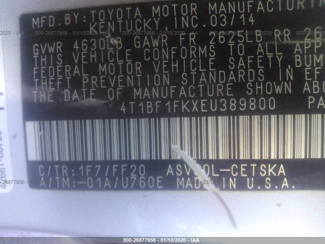 4T1BF1FKXEU389800 - 2014 TOYOTA CAMRY L/SE/LE/XLE 银色 照片 9