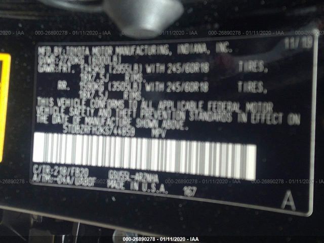 5TDBZRFH2KS744859 - 2019 TOYOTA HIGHLANDER LE/LE PLUS Black photo 9