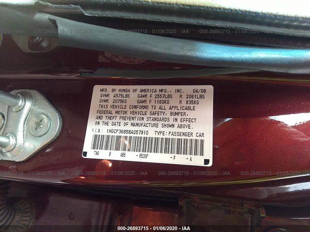 1HGCP36858A057910 - 2008 HONDA ACCORD EXL Maroon photo 9