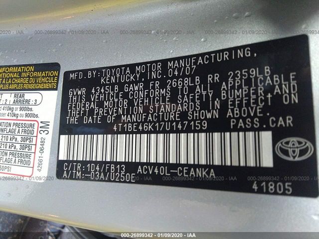 4T1BE46K17U147159 - 2007 TOYOTA CAMRY CE/LE/XLE/SE Silver photo 9