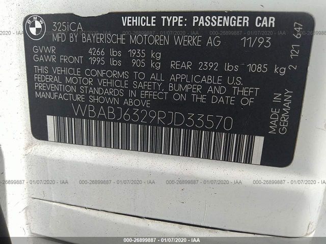 WBABJ6329RJD33570 - 1994 BMW 325 IC AUTOMATIC White photo 9