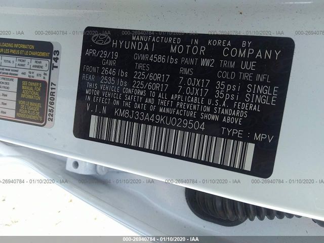 KM8J33A49KU029504 - 2019 HYUNDAI TUCSON LIMITED/SEL/SPORT/ULTIMAT White photo 9