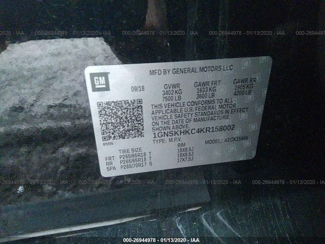 1GNSKHKC4KR158002 - 2019 CHEVROLET SUBURBAN K1500 LT Black photo 9