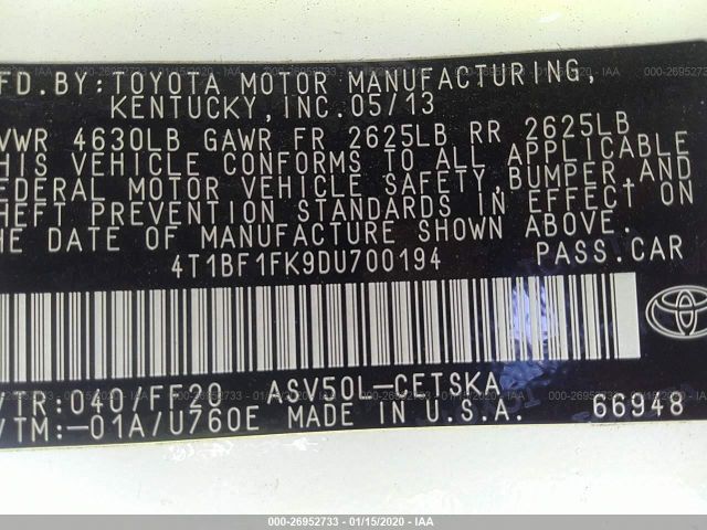 4T1BF1FK9DU700194 - 2013 TOYOTA CAMRY L/SE/LE/XLE 白色 照片 9