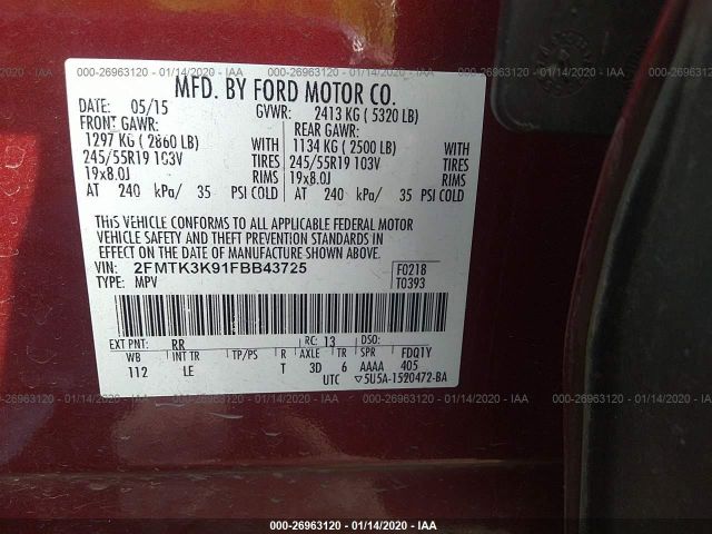 2FMTK3K91FBB43725 - 2015 FORD EDGE TITANIUM Red photo 9