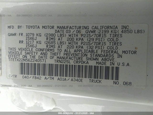 5TETX22N56Z240571 - 2006 TOYOTA TACOMA ACCESS CAB თეთრი ფოტო 9