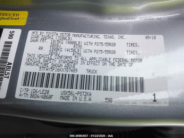 5TFAY5F16KX787489 - 2019 TOYOTA TUNDRA CREWMAX 1794/CREWMAX PLAT Silver photo 9