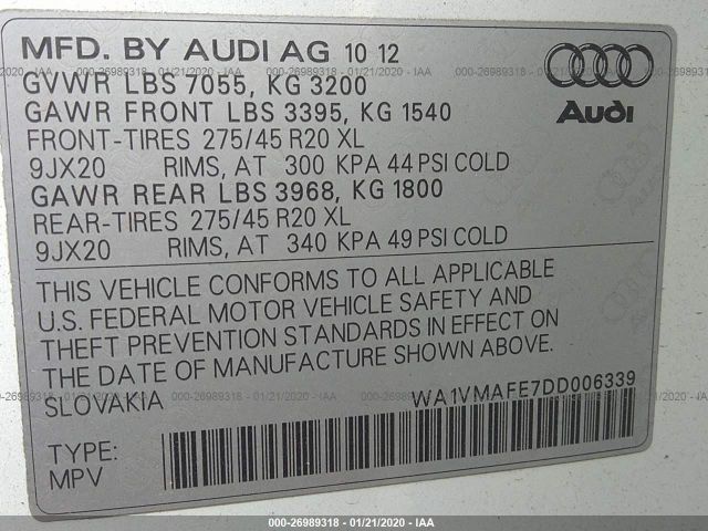 WA1VMAFE7DD006339 - 2013 AUDI Q7 PRESTIGE White photo 9